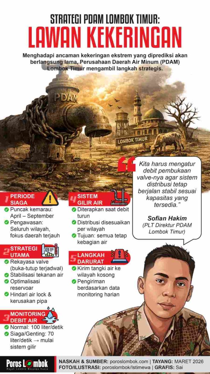 Infografis strategi PDAM Lombok Timur melawan kekeringan dengan rekayasa distribusi air, pengaturan valve, dan skema gilir air pada periode puncak kemarau April hingga September 2026.