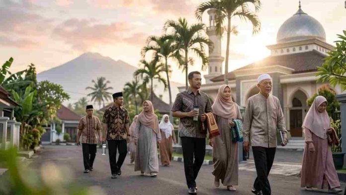 Ilustrasi jemaah Muslim berjalan di lingkungan asri dengan latar belakang gunung di Pulau Lombok pada pagi hari bulan Syawal.