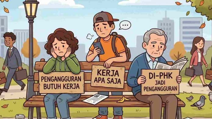Ilustrasi tiga orang duduk di bangku taman dengan wajah sedih memegang papan bertuliskan 'Pengangguran Butuh Kerja', 'Kerja Apa Saja', dan 'Di-PHK Jadi Pengangguran' sebagai potret krisis lapangan kerja di Lombok Timur.