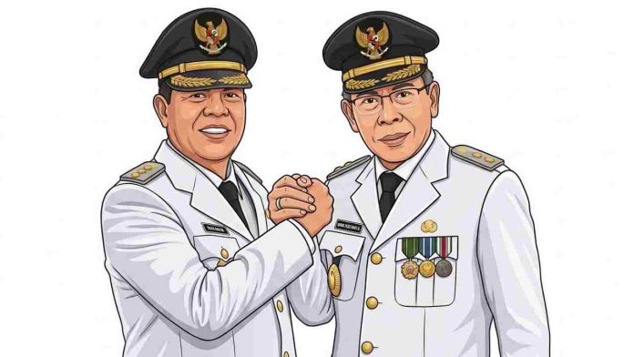 Ilustrasi potret kartun digital Bupati Lombok Timur H. Haerul Warisin mengenakan seragam dinas putih (PDU) lengkap dengan lencana, sedang berjabat tangan erat sebagai simbol kepemimpinan.
