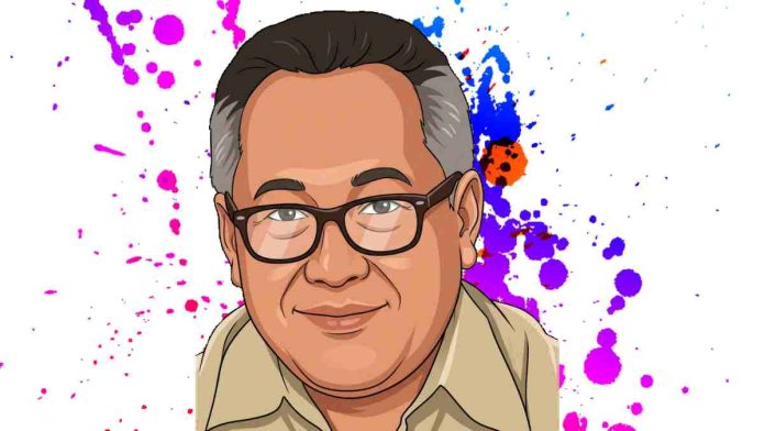 Ilustrasi kartun potret wajah Ariady Achmad, seorang pria paruh baya mengenakan kacamata berbingkai cokelat dan kemeja safari cokelat muda, tersenyum ke arah kamera dengan latar belakang bercak cat estetik warna magenta, ungu, dan biru.
