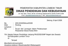 Dikbud Lombok Timur Larang Wisata Perpisahan dan Konvoi Lulusan Siswa Tangkapan layar dokumen resmi surat edaran dari Dinas Pendidikan dan Kebudayaan Kabupaten Lombok Timur dengan nomor surat 400.3/540/Dikbud/2026, perihal acuan dan larangan perpisahan siswa.