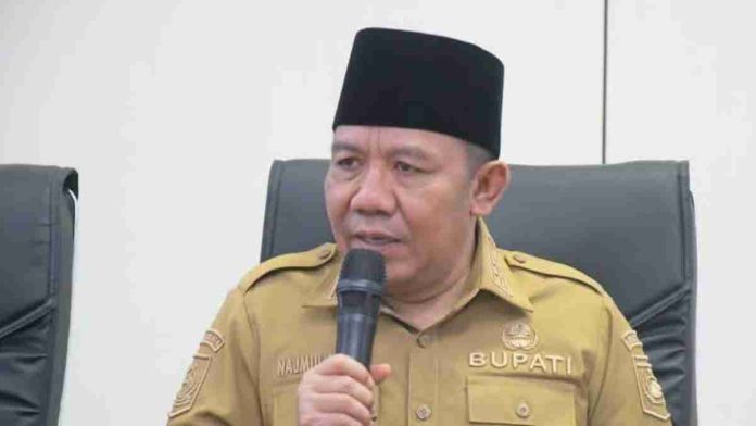 Bupati Lombok Utara Najmul Akhyar mengenakan seragam dinas cokelat (ASN) dan peci hitam, sedang berbicara menggunakan mikrofon hitam dalam sebuah rapat formal.