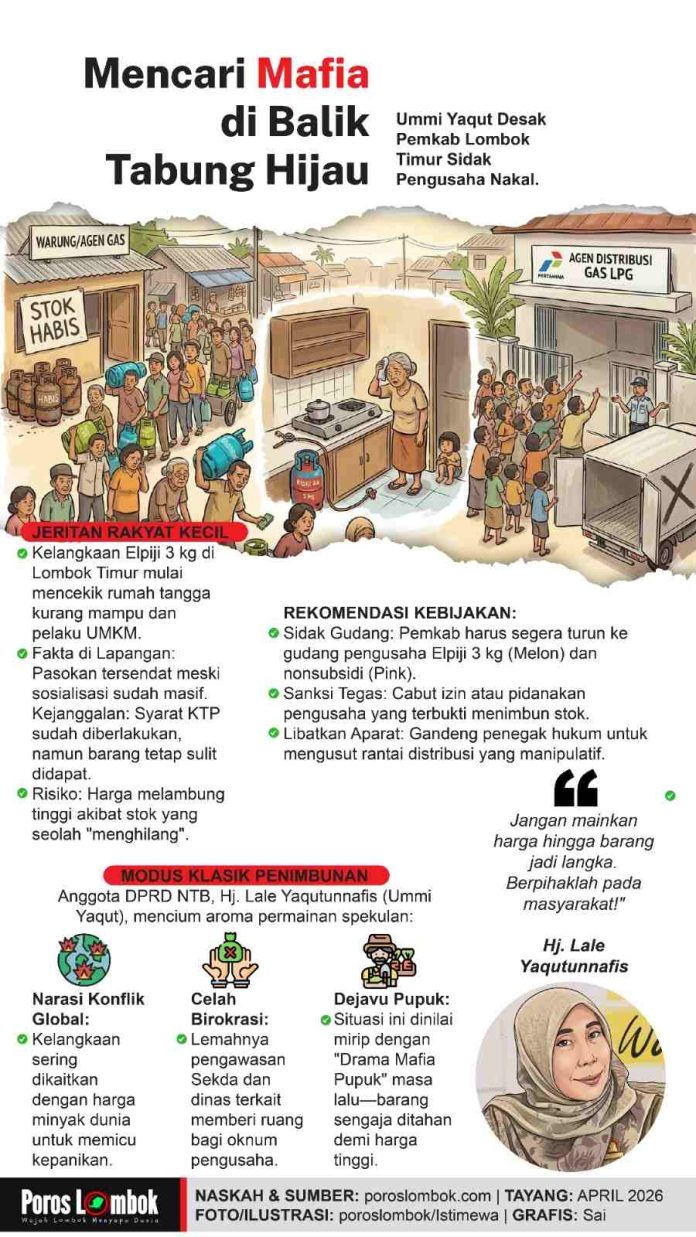 Infografis berjudul Mencari Mafia di Balik Tabung Hijau yang menampilkan ilustrasi warga mengantre gas, dapur kosong, dan gudang distributor, disertai poin rekomendasi kebijakan.