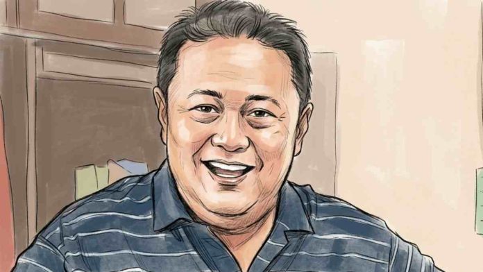 Ilustrasi karikatur wajah Bambang Mei Finarwanto (Didu), Direktur Mi6, mengenakan kemeja bergaris biru dengan ekspresi tersenyum latar belakang ruangan.