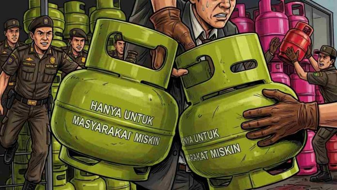 Ilustrasi bergaya komik menunjukkan anggota Satpol PP berseragam cokelat sedang mengejar seorang pria yang mencoba membawa kabur dua tabung gas Elpiji 3 kg hijau. Pada tabung gas tersebut tertulis slogan 