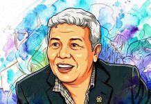 Merintih Dari Tanah Catatan H Rachmat Hidayat Tentang Pangan Rakyat, dan Masa Depan Ilustrasi potret digital H. Rachmat Hidayat mengenakan kemeja kotak-kotak dan jas hitam dengan latar belakang artistik cat air berwarna biru, hijau, dan ungu yang dinamis