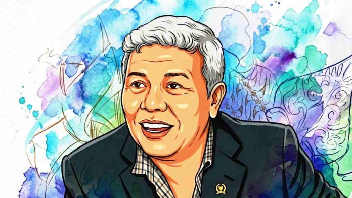 Ilustrasi potret digital H. Rachmat Hidayat mengenakan kemeja kotak-kotak dan jas hitam dengan latar belakang artistik cat air berwarna biru, hijau, dan ungu yang dinamis