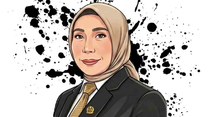 Ilustrasi digital wajah Hj. Lale Yaqutunnafis mengenakan hijab krem dan jas hitam dengan pin anggota dewan, berlatar belakang aksen bercak tinta hitam yang artistik.