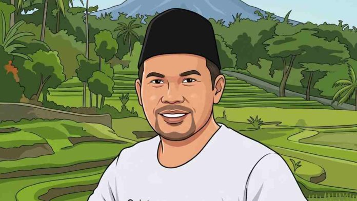 Ilustrasi kartun wajah pria berpeci hitam dan kaos putih dengan latar belakang pemandangan sawah terasering hijau dan gunung yang melambangkan nuansa alam Nusa Tenggara Barat.