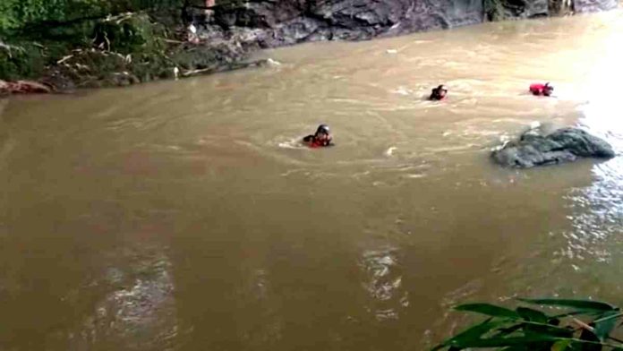 Tiga orang personel tim SAR mengenakan helm dan pelampung oranye sedang berenang menyisir sungai yang berwarna cokelat keruh dengan arus cukup kuat.