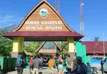 Rinjani Kembali Dibuka Asa Ekonomi Masyarakat Sembalun Mulai Berdenyut Foto gerbang kayu bertuliskan Taman Nasional Gunung Rinjani dengan latar belakang langit biru dan puncak gunung, dikerumuni pendaki yang membawa tas carrier.