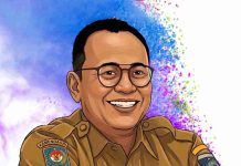 Kritik, Etika, dan Batas Hukum di Ruang Digital Ilustrasi karikatur Dr. H. Ahsanul Khalik, Kepala Dinas Kominfotik NTB, mengenakan seragam dinas cokelat (PNS) dengan latar belakang percikan warna biru dan ungu yang artistik.