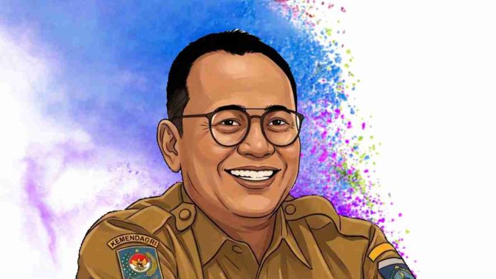 Ilustrasi karikatur Dr. H. Ahsanul Khalik, Kepala Dinas Kominfotik NTB, mengenakan seragam dinas cokelat (PNS) dengan latar belakang percikan warna biru dan ungu yang artistik.